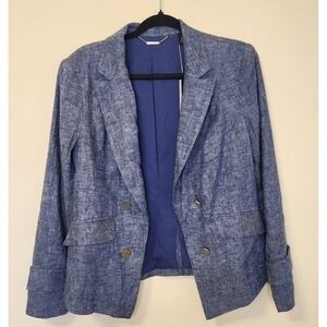 Chicos Black Label Indigo Twill Linen Blazer Womens Size 1‎ (M) Gold Buttons NWT